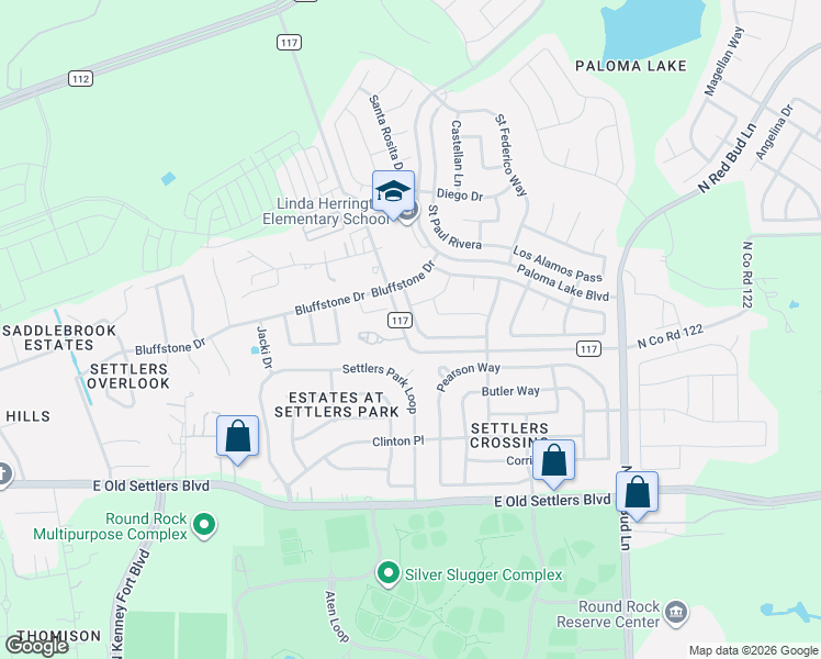 map of restaurants, bars, coffee shops, grocery stores, and more near 2765 Santa Ana Lane in Round Rock