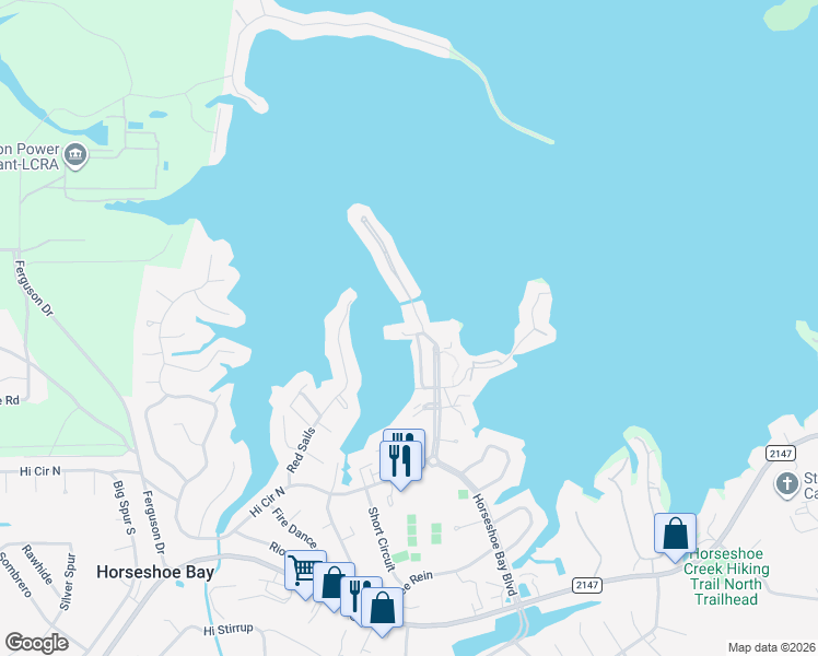 map of restaurants, bars, coffee shops, grocery stores, and more near 101 West Bank in Horseshoe Bay