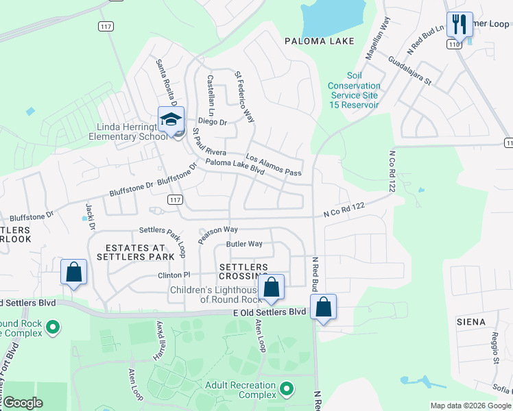 map of restaurants, bars, coffee shops, grocery stores, and more near 2462 Santa Barbara Loop in Round Rock