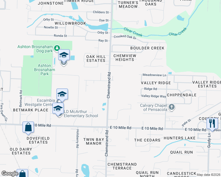 map of restaurants, bars, coffee shops, grocery stores, and more near 10608 Chemstrand Road in Pensacola