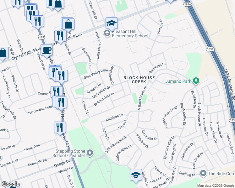 map of restaurants, bars, coffee shops, grocery stores, and more near 600 Golden Gate Drive in Leander