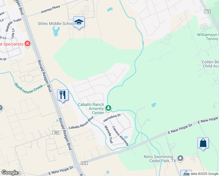 map of restaurants, bars, coffee shops, grocery stores, and more near 3200 Vaquero Lane in Leander