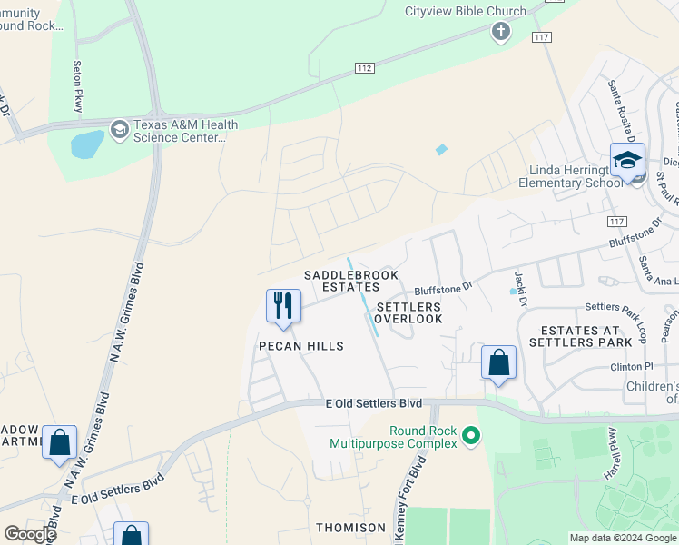 map of restaurants, bars, coffee shops, grocery stores, and more near 798 Ryders Ridge in Round Rock