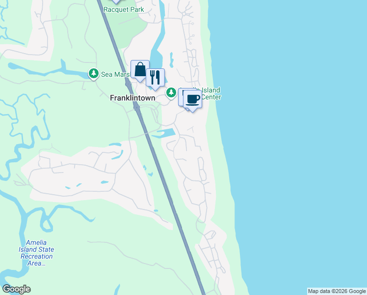 map of restaurants, bars, coffee shops, grocery stores, and more near 8 Green Winged Teal Road in Fernandina Beach