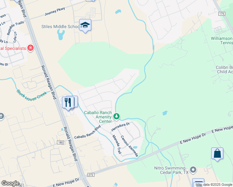 map of restaurants, bars, coffee shops, grocery stores, and more near 3200 Vaquero Lane in Leander