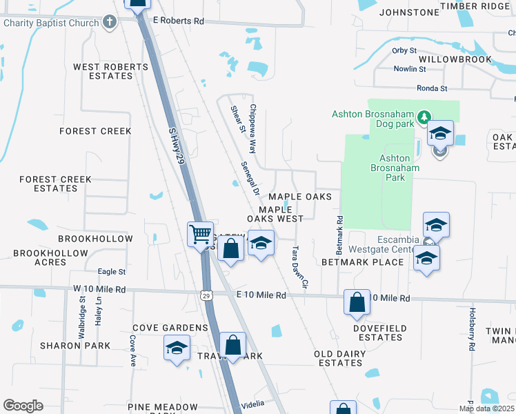 map of restaurants, bars, coffee shops, grocery stores, and more near 10453 Senegal Drive in Pensacola