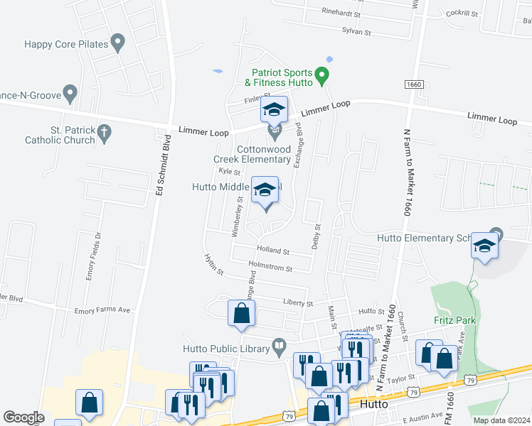 map of restaurants, bars, coffee shops, grocery stores, and more near 1005 Exchange Boulevard in Hutto