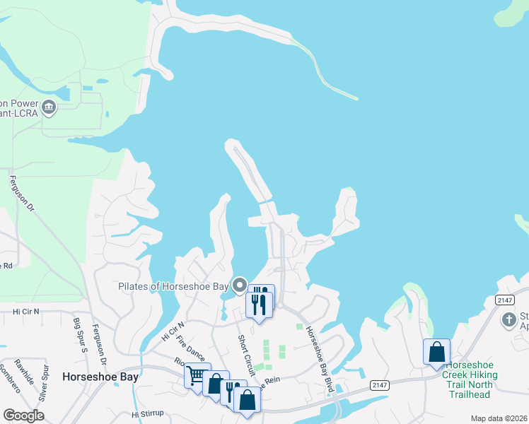 map of restaurants, bars, coffee shops, grocery stores, and more near 200 Hi Circle North in Horseshoe Bay