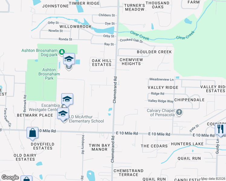 map of restaurants, bars, coffee shops, grocery stores, and more near 10500 Chemstrand Road in Pensacola