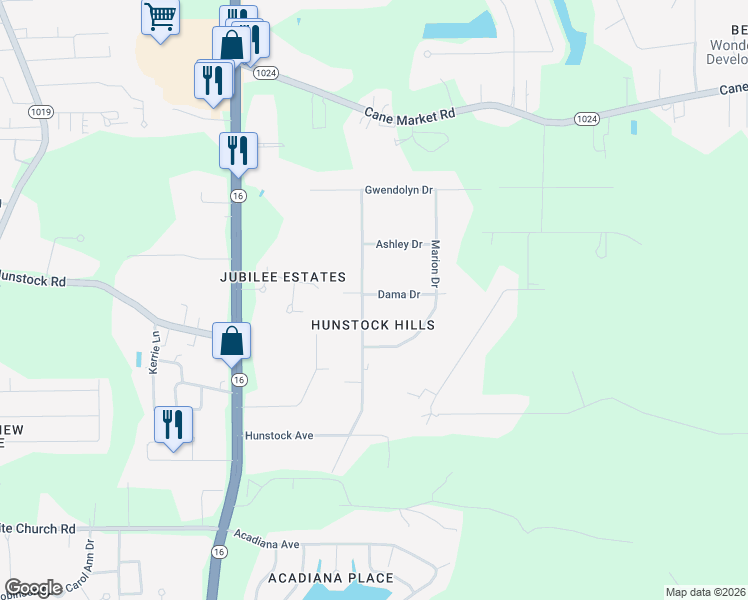 map of restaurants, bars, coffee shops, grocery stores, and more near 33470 Beverly Drive in Denham Springs