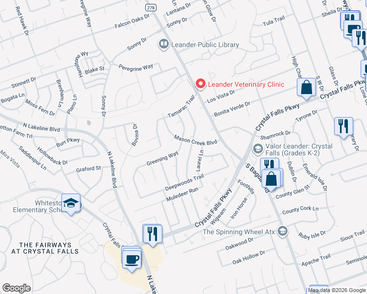 map of restaurants, bars, coffee shops, grocery stores, and more near 1710 Parkwood Drive in Leander