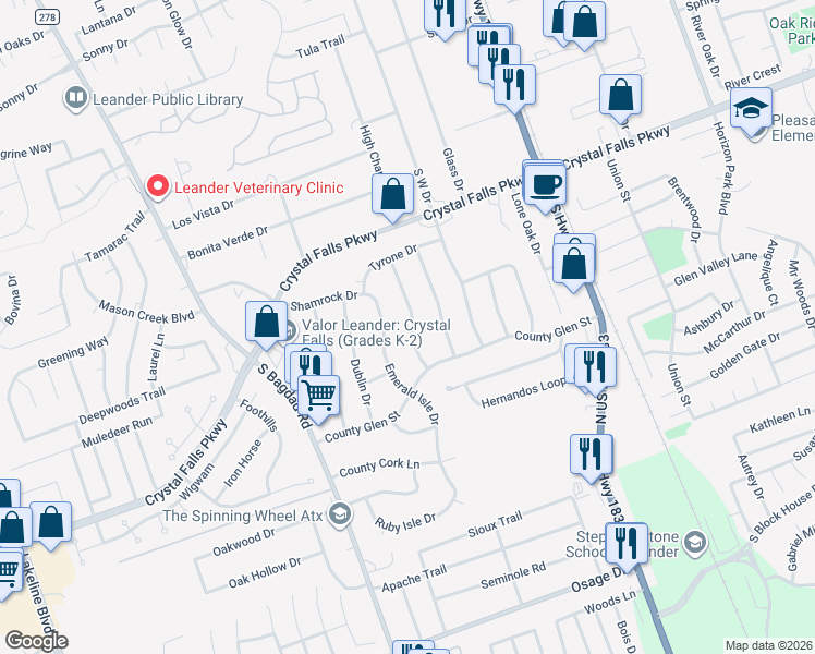 map of restaurants, bars, coffee shops, grocery stores, and more near 1903 Londonderry Drive in Leander
