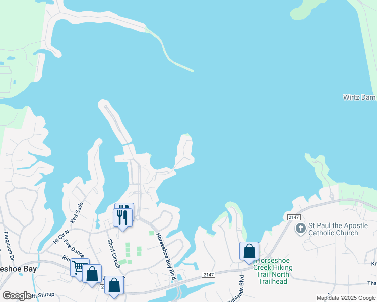 map of restaurants, bars, coffee shops, grocery stores, and more near 305 Island Drive in Horseshoe Bay