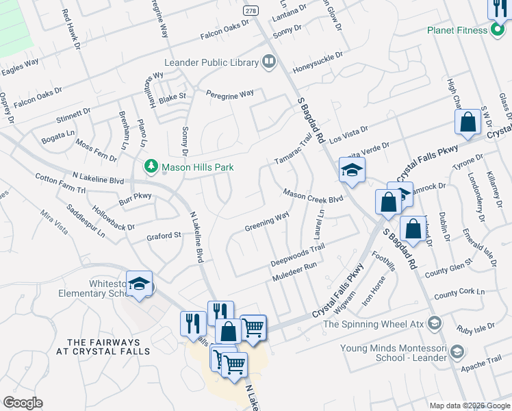 map of restaurants, bars, coffee shops, grocery stores, and more near 1712 Uhland Drive in Leander