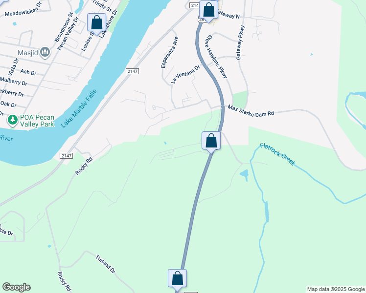 map of restaurants, bars, coffee shops, grocery stores, and more near Panther Hollow Drive in Marble Falls