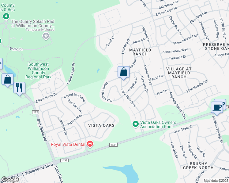 map of restaurants, bars, coffee shops, grocery stores, and more near 3547 Ashmere Loop in Round Rock