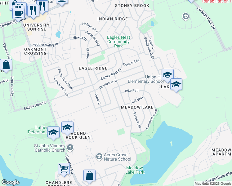 map of restaurants, bars, coffee shops, grocery stores, and more near 3601 Walleye Way in Round Rock