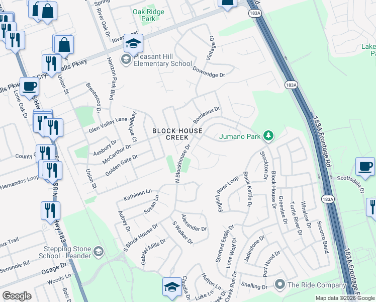 map of restaurants, bars, coffee shops, grocery stores, and more near 3203 Port Anne Way in Leander
