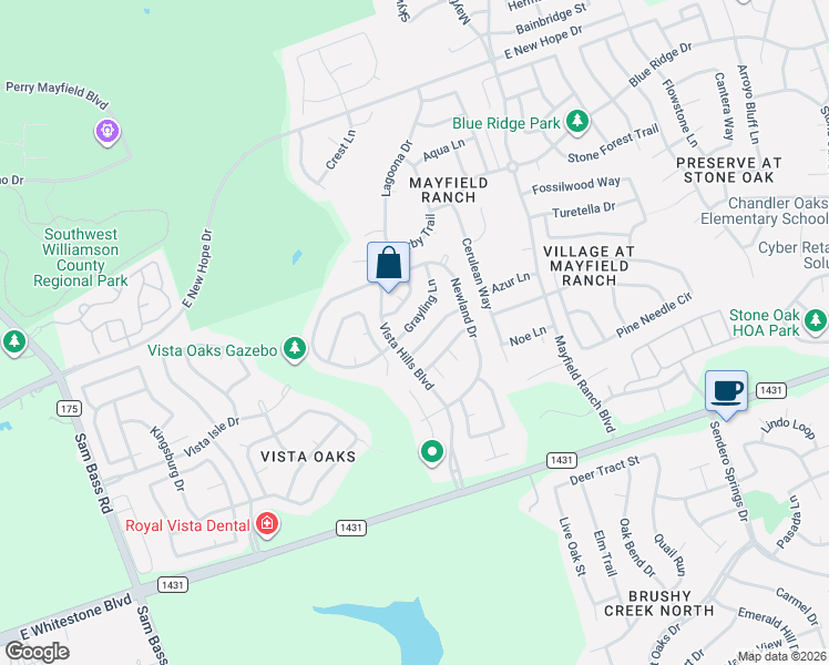 map of restaurants, bars, coffee shops, grocery stores, and more near 3967 Shaker Lane in Round Rock