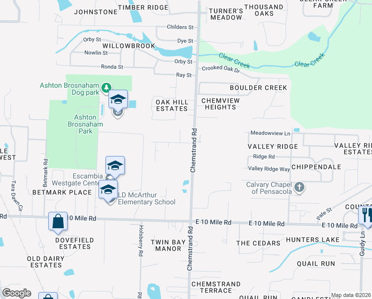 map of restaurants, bars, coffee shops, grocery stores, and more near 10500 Chemstrand Road in Pensacola