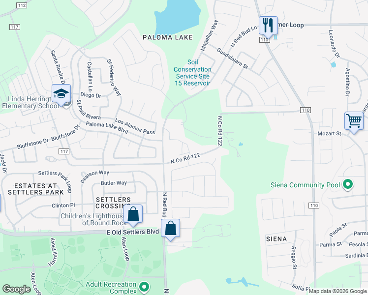 map of restaurants, bars, coffee shops, grocery stores, and more near 1455 North Co Road 122 in Round Rock