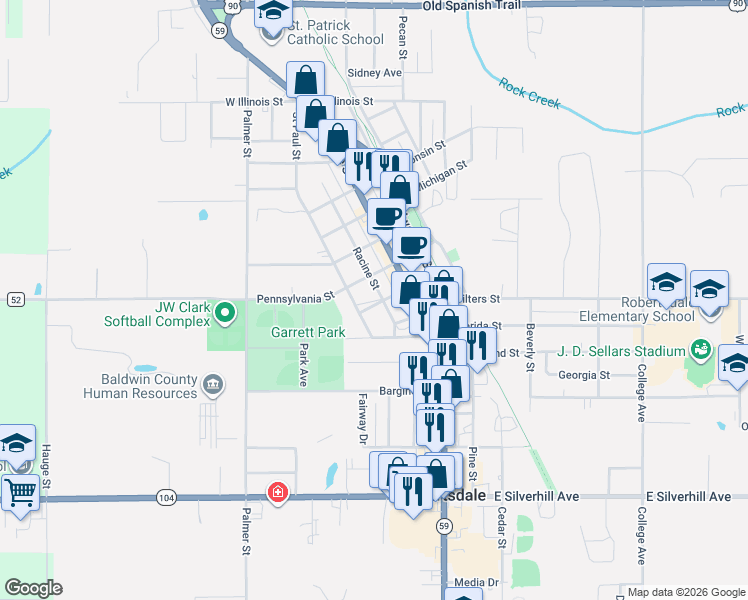 map of restaurants, bars, coffee shops, grocery stores, and more near 22510 Racine Street in Robertsdale