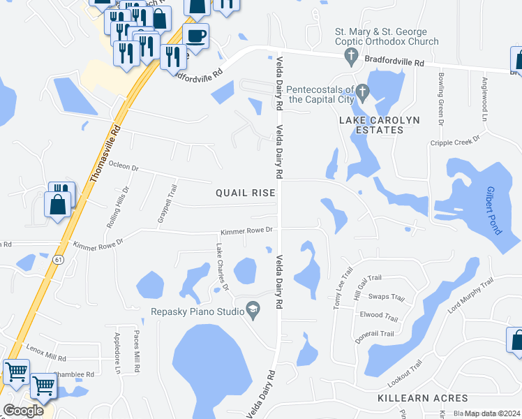 map of restaurants, bars, coffee shops, grocery stores, and more near 3924 Monterey Pines Trail in Tallahassee
