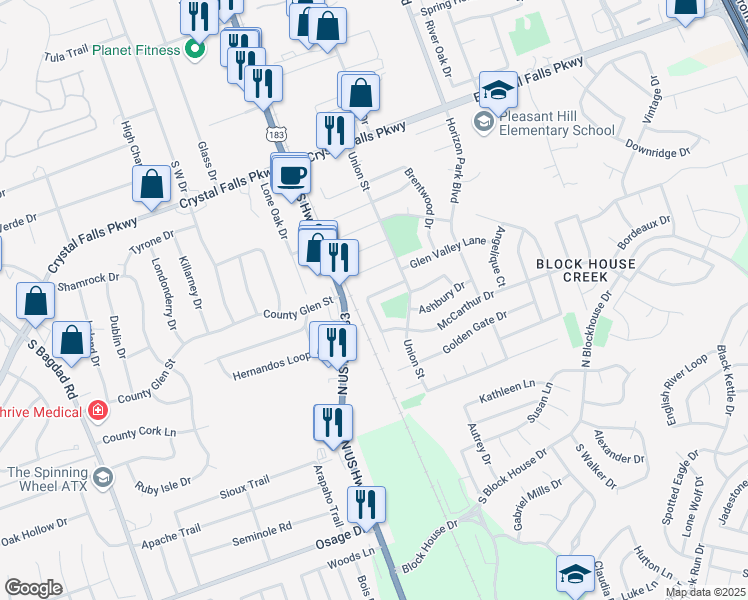 map of restaurants, bars, coffee shops, grocery stores, and more near 2002 Garrison Drive in Leander