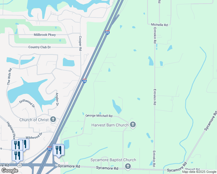 map of restaurants, bars, coffee shops, grocery stores, and more near 54 Windy Acres Road in Carriere