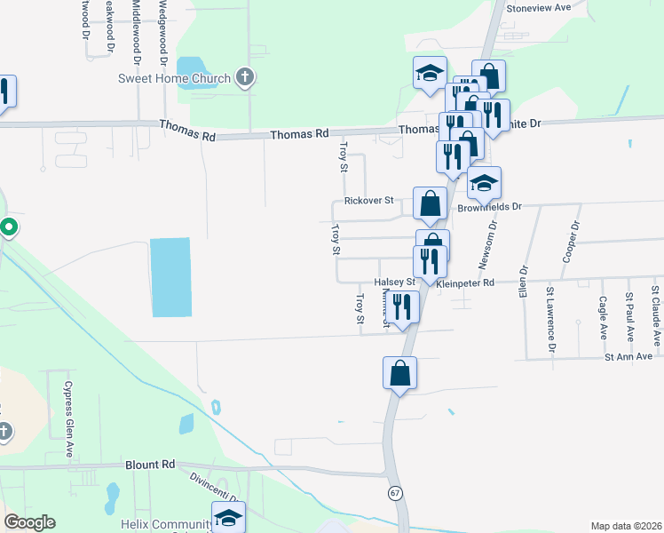 map of restaurants, bars, coffee shops, grocery stores, and more near 11825 Troy Street in Brownfields