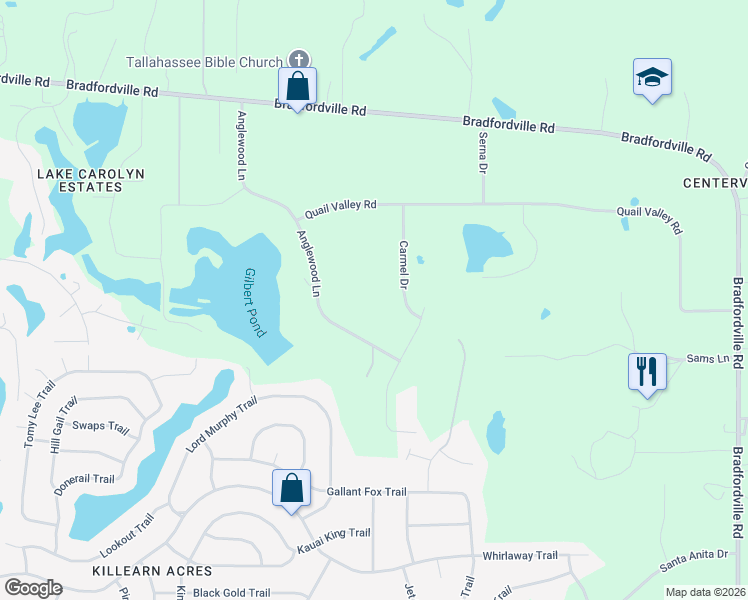 map of restaurants, bars, coffee shops, grocery stores, and more near 7092 Carmel Drive in Tallahassee