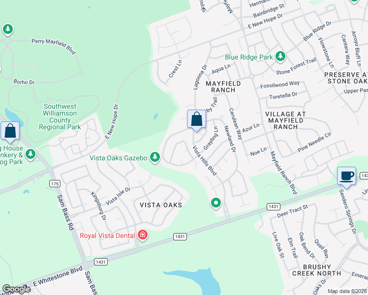 map of restaurants, bars, coffee shops, grocery stores, and more near 3544 Ashmere Loop in Round Rock