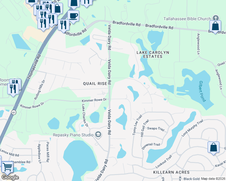 map of restaurants, bars, coffee shops, grocery stores, and more near 6039-6107 Velda Dairy Road in Tallahassee