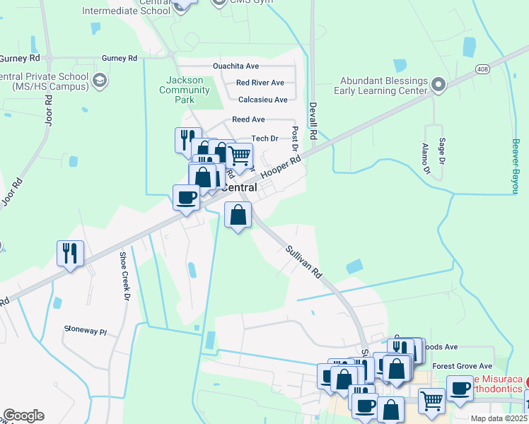 map of restaurants, bars, coffee shops, grocery stores, and more near 11526 Sullivan Road in Baton Rouge