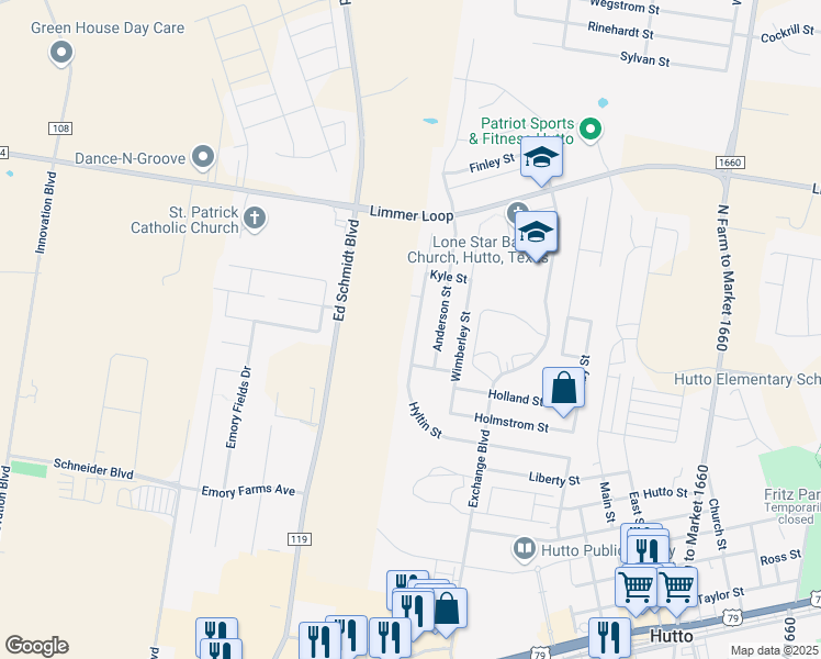 map of restaurants, bars, coffee shops, grocery stores, and more near 313 Hyltin Street in Hutto