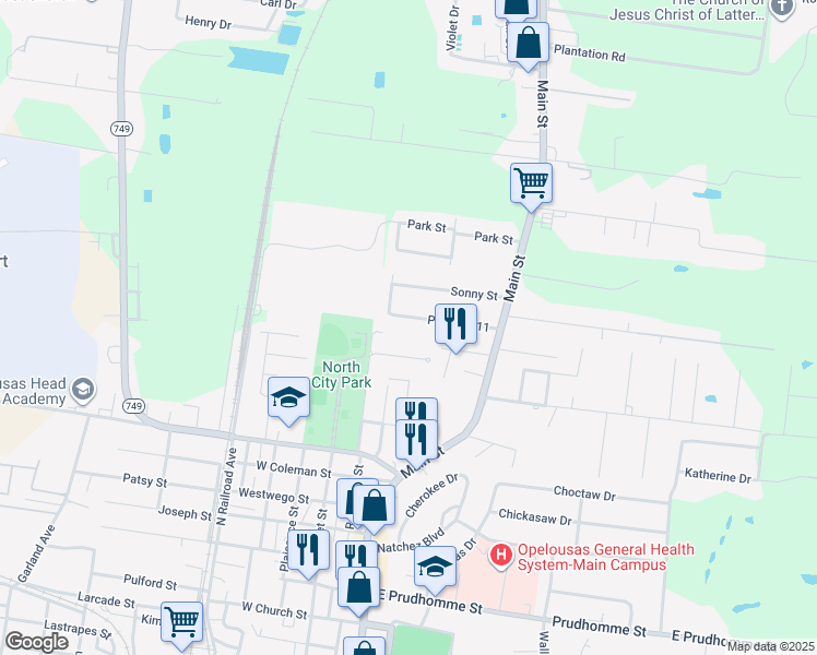 map of restaurants, bars, coffee shops, grocery stores, and more near 123-125 Magnolia Street in Opelousas