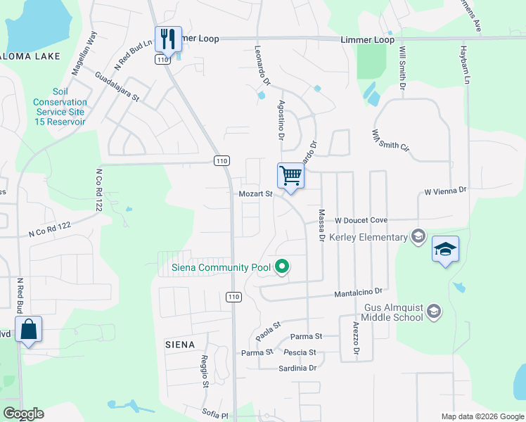 map of restaurants, bars, coffee shops, grocery stores, and more near 7846 Mozart Street in Round Rock