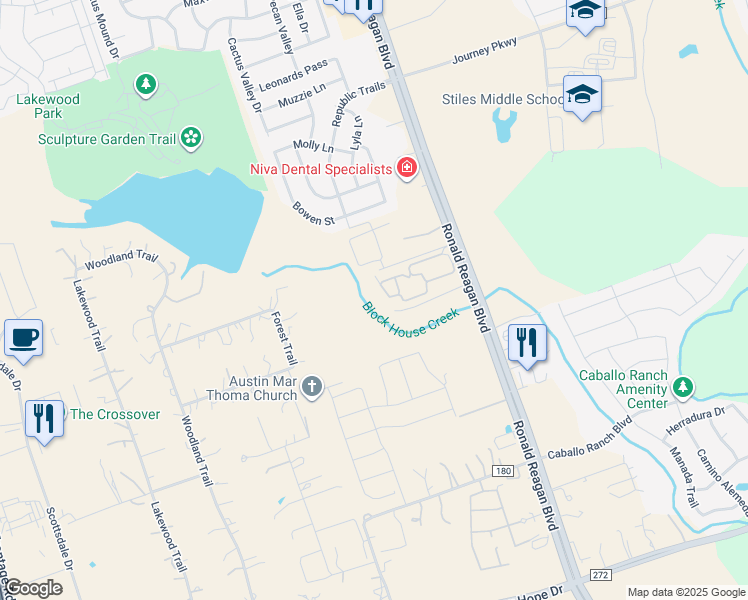 map of restaurants, bars, coffee shops, grocery stores, and more near 14801 Ronald Reagan Boulevard in Leander