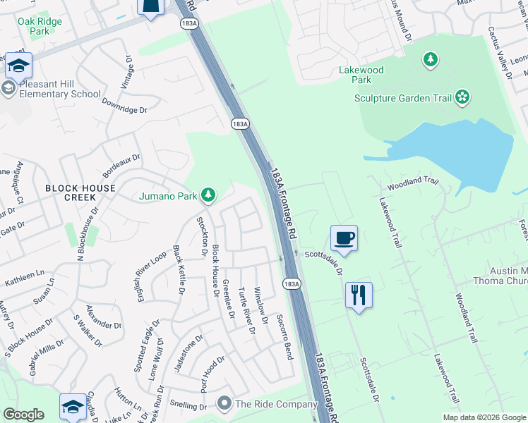map of restaurants, bars, coffee shops, grocery stores, and more near 1700 Rossport Bend in Leander
