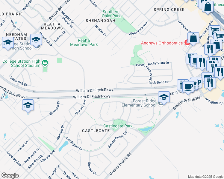 map of restaurants, bars, coffee shops, grocery stores, and more near 523 William D. Fitch Parkway in College Station