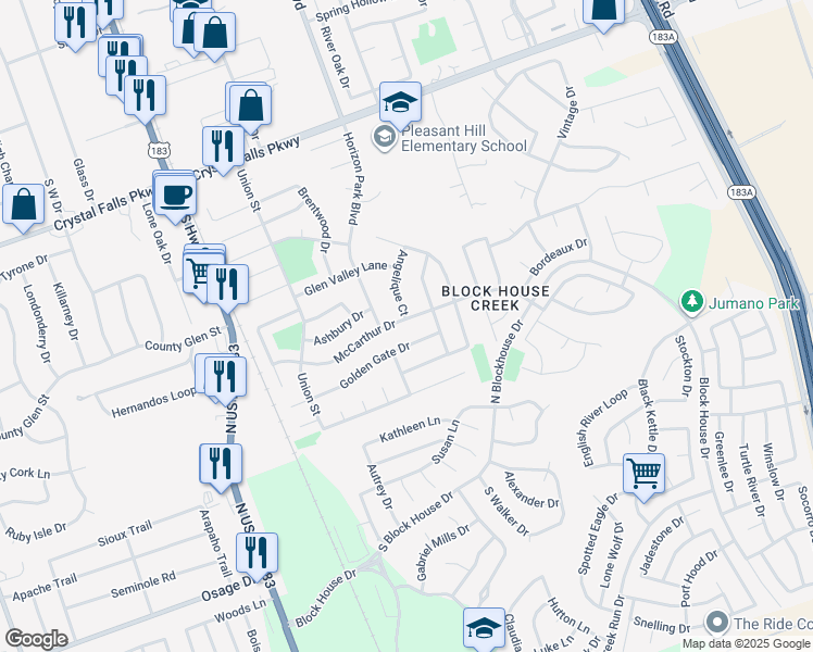 map of restaurants, bars, coffee shops, grocery stores, and more near 510 McCarthur Drive in Leander