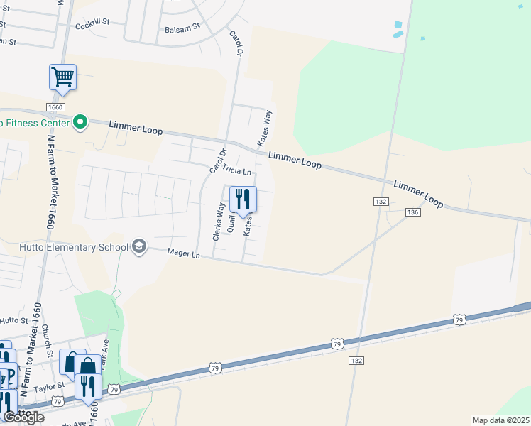 map of restaurants, bars, coffee shops, grocery stores, and more near 406 Canadian Cove in Hutto