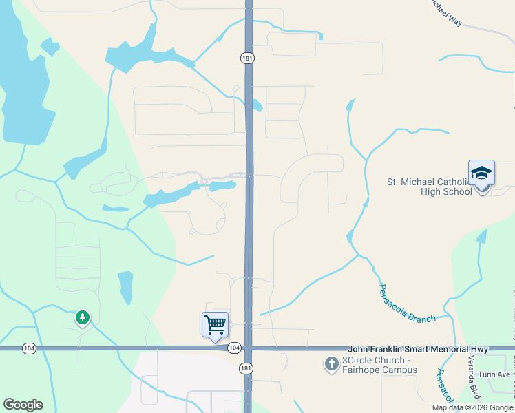 map of restaurants, bars, coffee shops, grocery stores, and more near 22510 State Highway 181 in Fairhope
