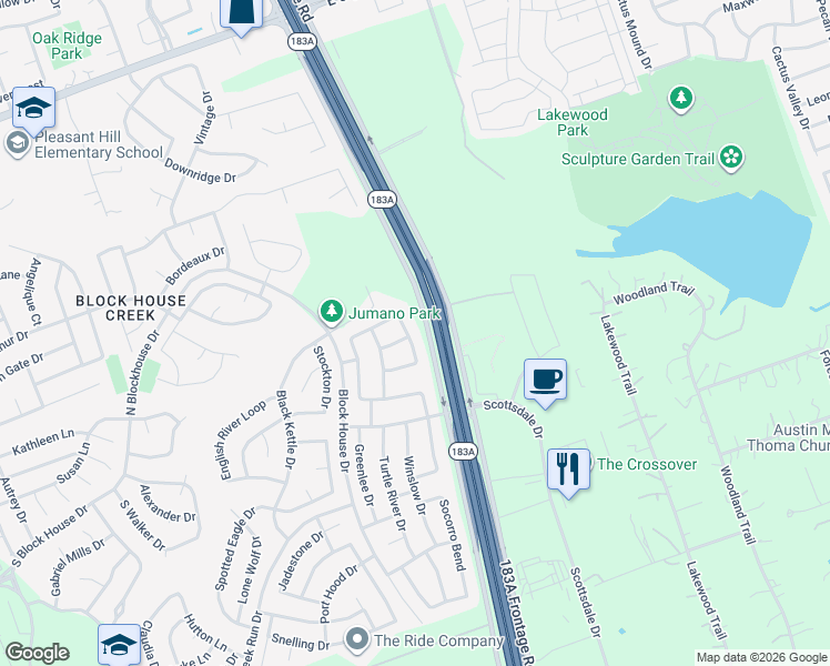 map of restaurants, bars, coffee shops, grocery stores, and more near 1700 Rossport Bend in Leander