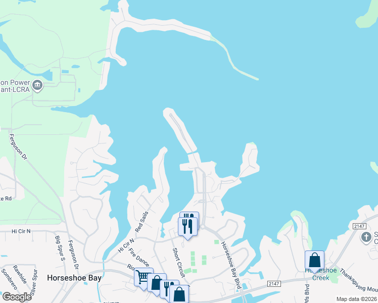 map of restaurants, bars, coffee shops, grocery stores, and more near 1001 The Cape in Horseshoe Bay
