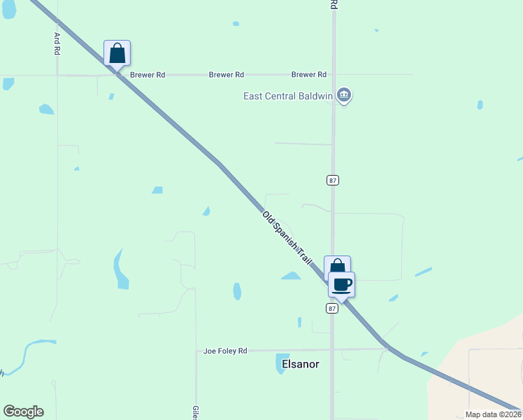 map of restaurants, bars, coffee shops, grocery stores, and more near 25724 Old Spanish Trail in Robertsdale