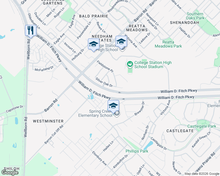 map of restaurants, bars, coffee shops, grocery stores, and more near 2804 Silver Oak Drive in College Station