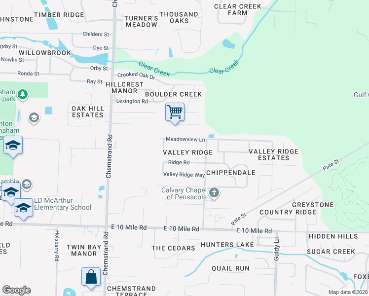 map of restaurants, bars, coffee shops, grocery stores, and more near 722 Valley Grande Road in Pensacola
