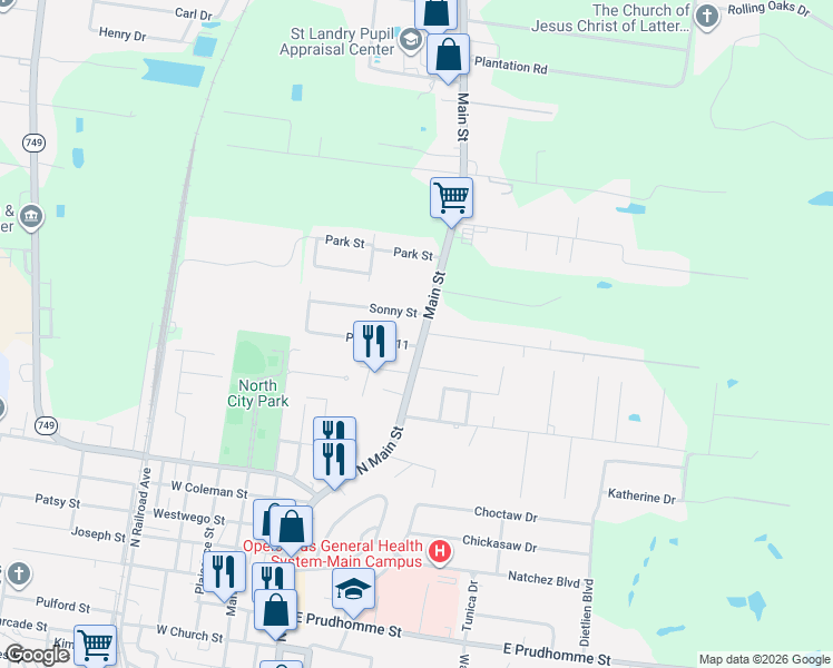 map of restaurants, bars, coffee shops, grocery stores, and more near 143 Par Road 1-393 in Opelousas