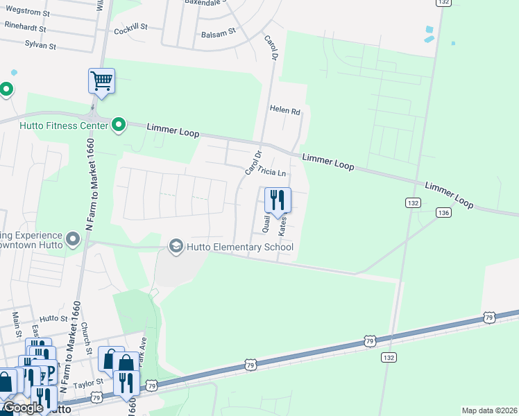 map of restaurants, bars, coffee shops, grocery stores, and more near 318 Clarks Way in Hutto